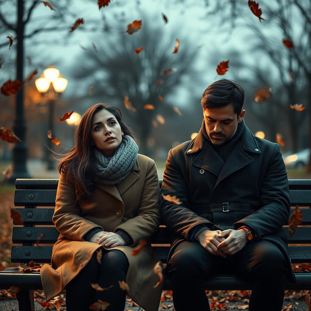 A hyper-realistic vertical image capturing a poignant moment between a couple sitting on a park bench during a chilly twilight