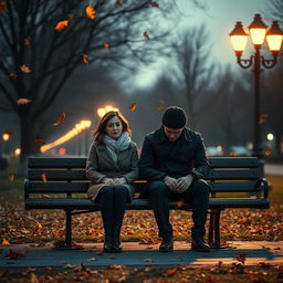 A hyper-realistic vertical image capturing a poignant moment between a couple sitting on a park bench during a chilly twilight