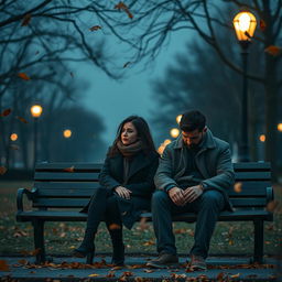 A hyper-realistic vertical image capturing a poignant moment between a couple sitting on a park bench during a chilly twilight