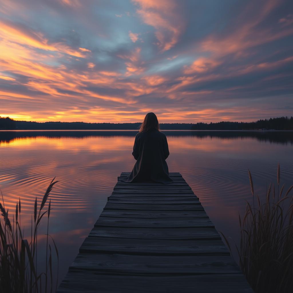 A hyper-realistic vertical image depicting a solitary figure sitting on a weathered wooden dock by a tranquil lake at dusk