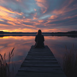 A hyper-realistic vertical image depicting a solitary figure sitting on a weathered wooden dock by a tranquil lake at dusk