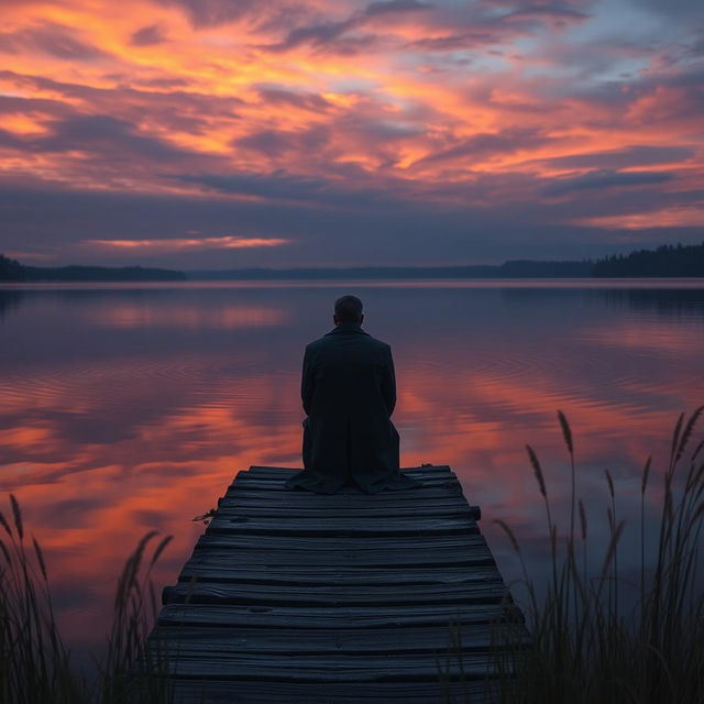 A hyper-realistic vertical image depicting a solitary figure sitting on a weathered wooden dock by a tranquil lake at dusk