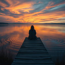 A hyper-realistic vertical image depicting a solitary figure sitting on a weathered wooden dock by a tranquil lake at dusk
