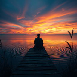 A hyper-realistic vertical image depicting a solitary figure sitting on a weathered wooden dock by a tranquil lake at dusk