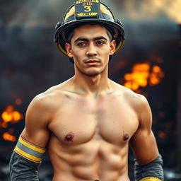 An attractive, clean-shaven 20-year-old Latino male firefighter in uniform, standing confidently after a firefighting operation