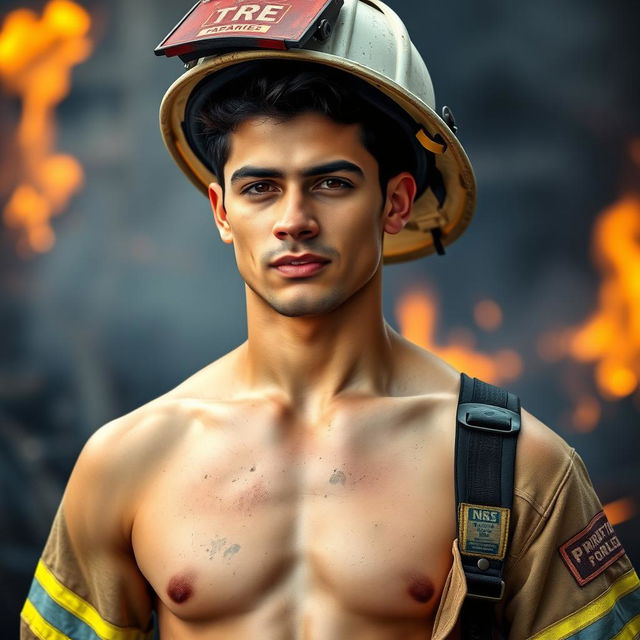 An attractive, clean-shaven 20-year-old Latino male firefighter in uniform, standing confidently after a firefighting operation