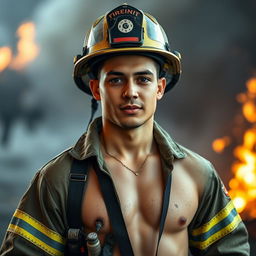 An attractive, clean-shaven 20-year-old Latino male firefighter in uniform, standing confidently after a firefighting operation