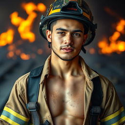 An attractive, clean-shaven 20-year-old Latino male firefighter in uniform, standing confidently after a firefighting operation