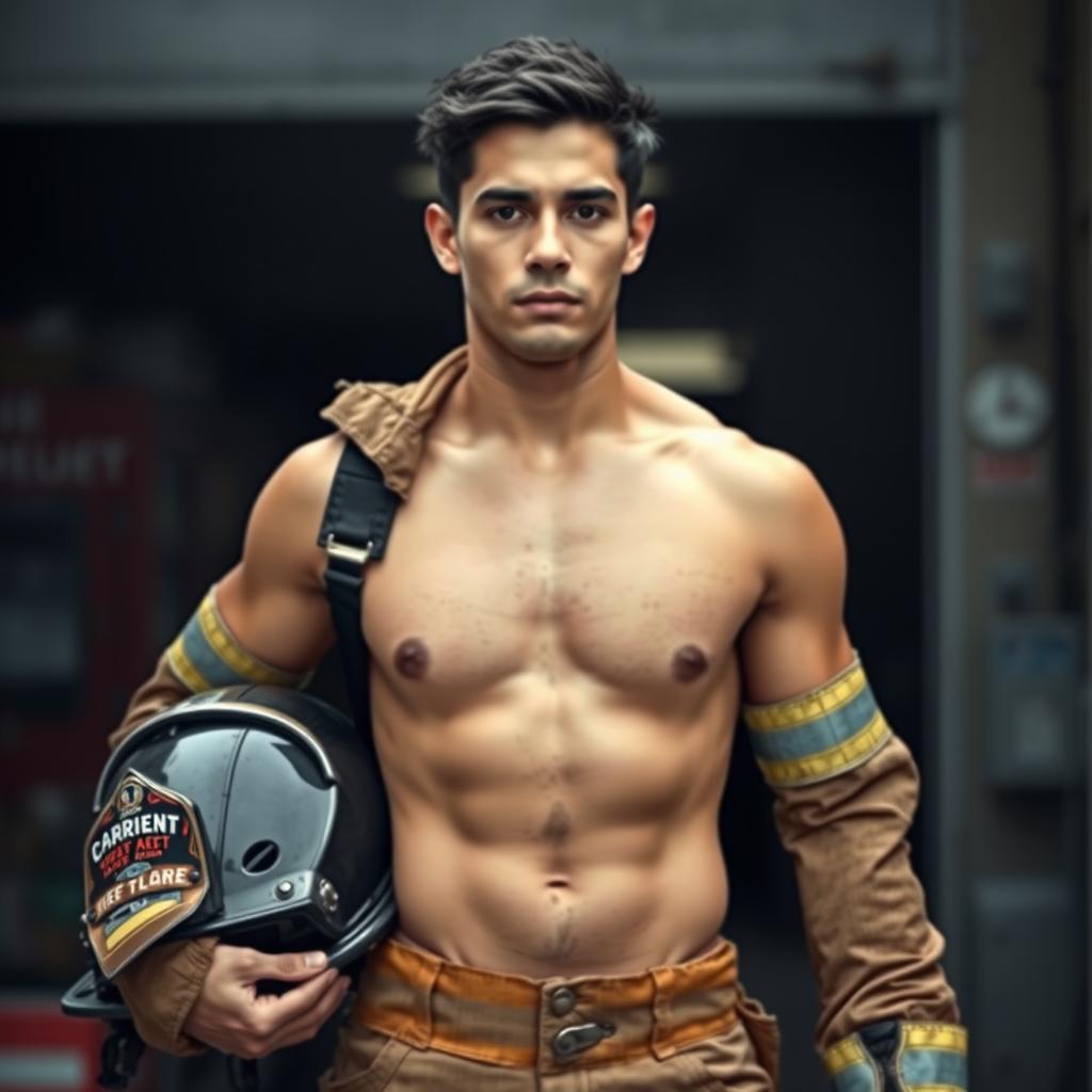 An attractive, clean-shaven 20-year-old Latino male in a classic American firefighter's uniform, showcasing his bare chest