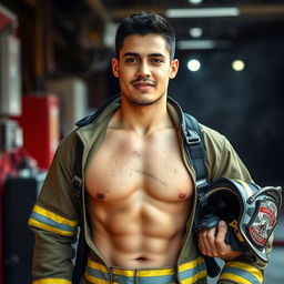 An attractive, clean-shaven 20-year-old Latino male in a classic American firefighter's uniform, showcasing his bare chest