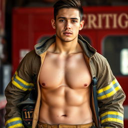 An attractive, clean-shaven 20-year-old Latino male in a classic American firefighter's uniform, showcasing his bare chest
