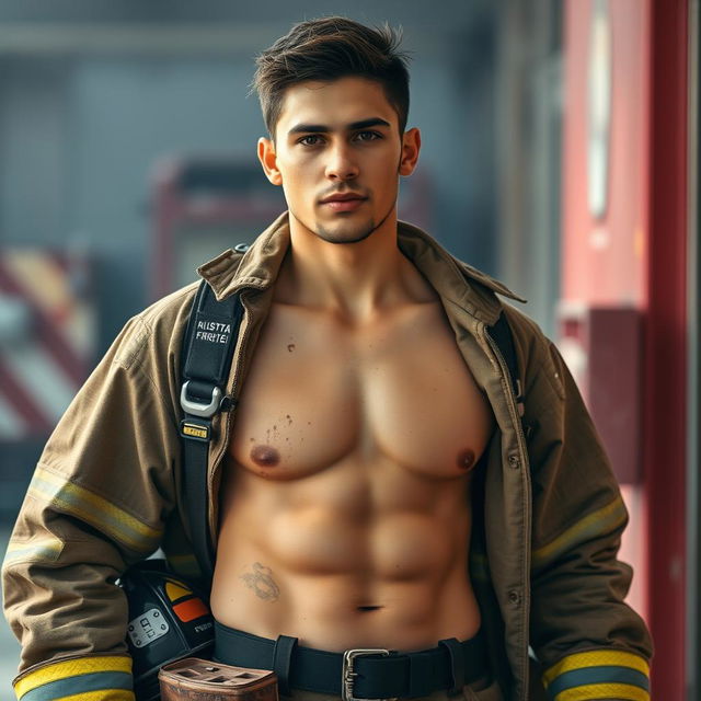 An attractive, clean-shaven 20-year-old Latino male in a classic American firefighter's uniform, showcasing his bare chest