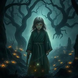 A dramatic and moody art piece depicting an ethereal, otherworldly scene centered around a beautiful, immortal child with glowing eyes, dressed in flowing ancient robes that shimmer with an elusive light