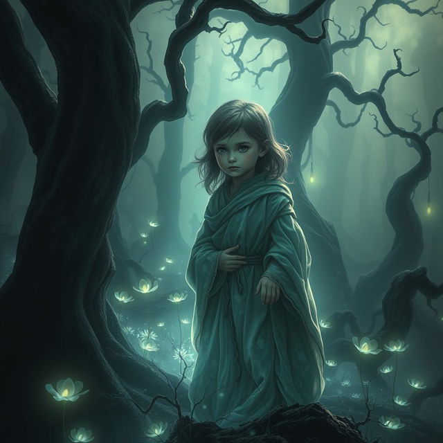 A dramatic and moody art piece depicting an ethereal, otherworldly scene centered around a beautiful, immortal child with glowing eyes, dressed in flowing ancient robes that shimmer with an elusive light