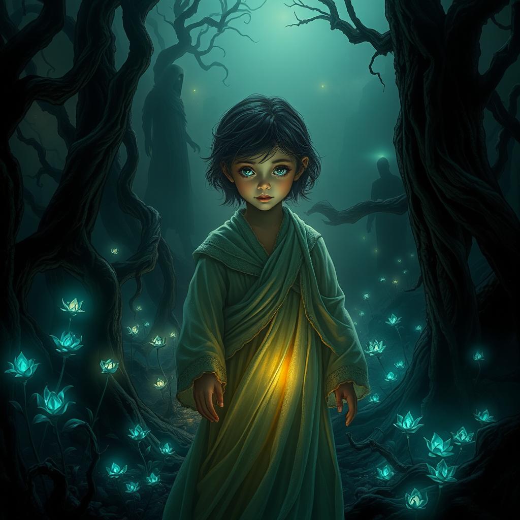A dramatic and moody art piece depicting an ethereal, otherworldly scene centered around a beautiful, immortal child with glowing eyes, dressed in flowing ancient robes that shimmer with an elusive light