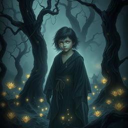 A dramatic and moody art piece depicting an ethereal, otherworldly scene centered around a beautiful, immortal child with glowing eyes, dressed in flowing ancient robes that shimmer with an elusive light