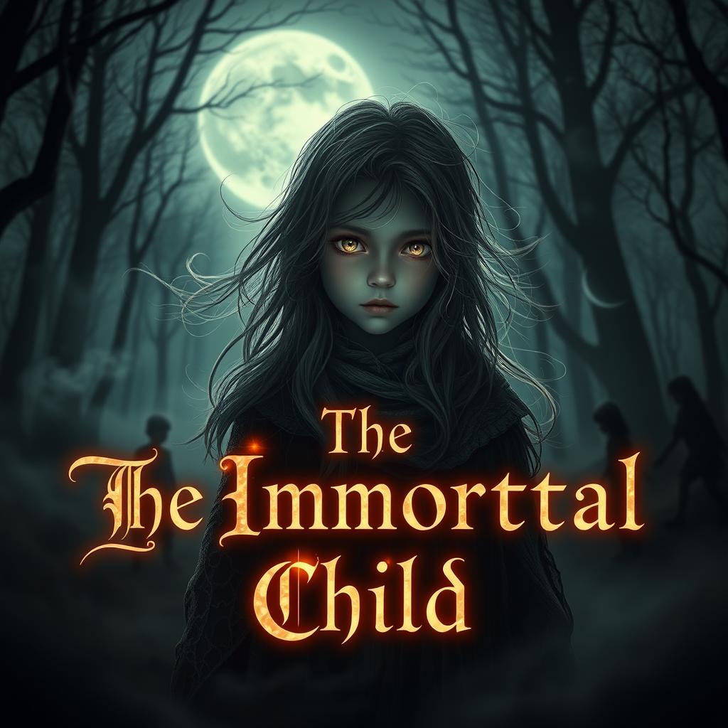 An eerie, captivating thumbnail for a title called 'The Immortal Child', featuring a mystical forest under the moonlight