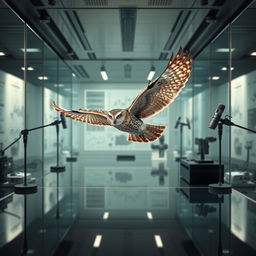 A hyper-realistic vertical image for a book cover featuring an owl in mid-flight within a high-tech laboratory setting