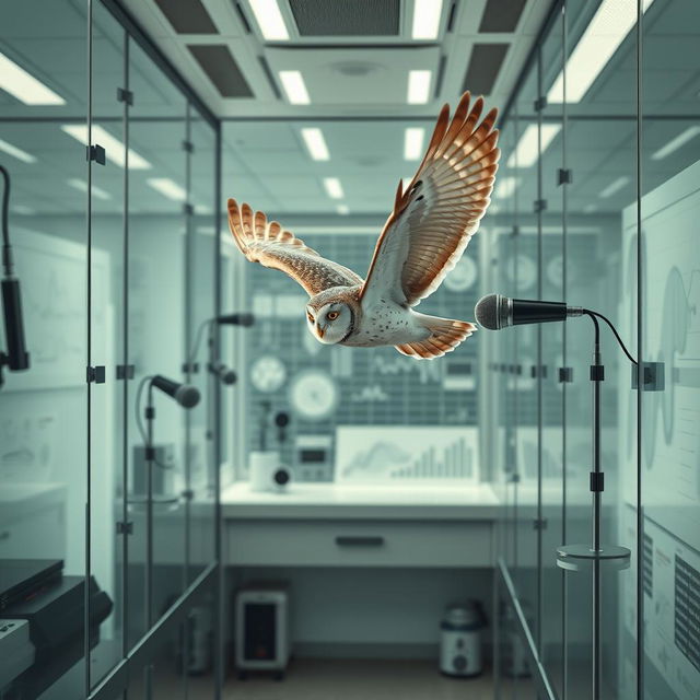 A hyper-realistic vertical image for a book cover featuring an owl in mid-flight within a high-tech laboratory setting