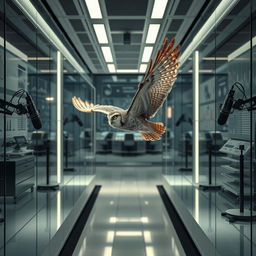 A hyper-realistic vertical image for a book cover featuring an owl in mid-flight within a high-tech laboratory setting