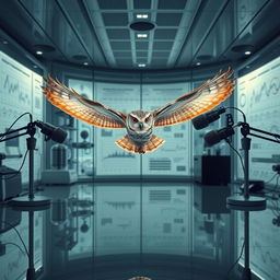 A hyper-realistic vertical image for a book cover featuring an owl in mid-flight within a high-tech laboratory setting