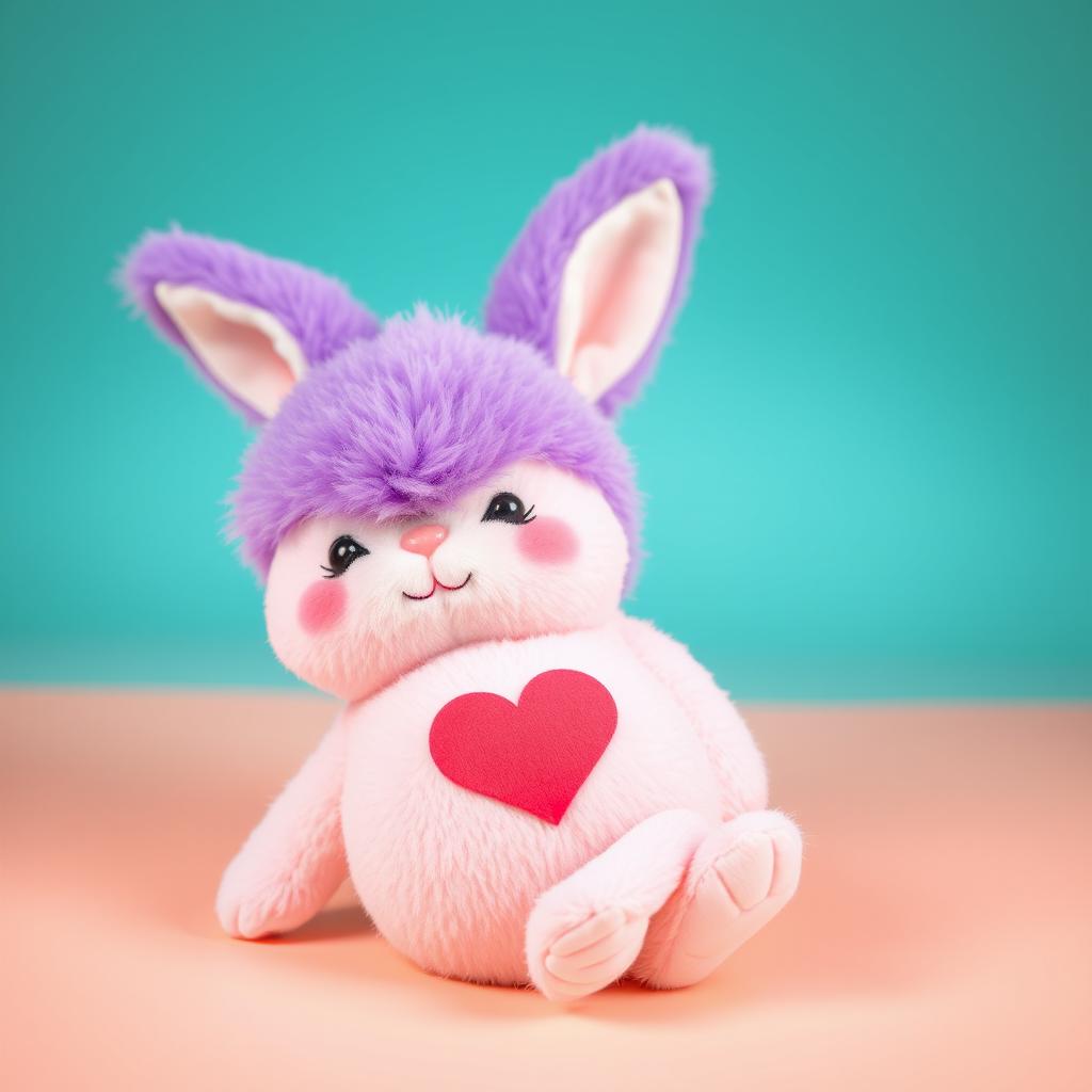 A cute pink rabbit with a completely purple head, laying on its back