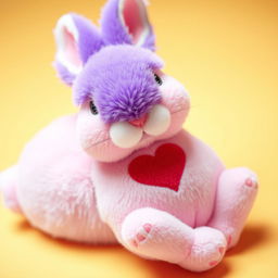 A cute pink rabbit with a completely purple head, laying on its back