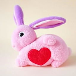 A cute pink rabbit with a completely purple head, laying on its back