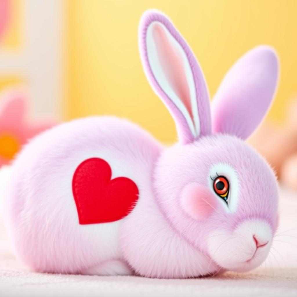 A cute pink rabbit with a fully purple head, lying on its back