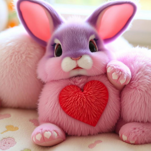 A cute pink rabbit with a fully purple head, lying on its back