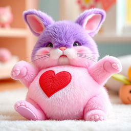 A cute pink rabbit with a fully purple head, lying on its back