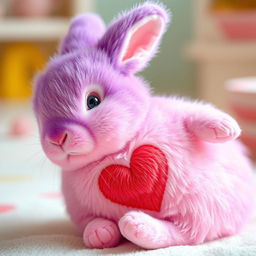 A cute pink rabbit with a fully purple head, lying on its back