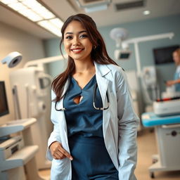 A stunningly beautiful Indonesian female doctor with a captivating presence, featuring large breasts and a slender figure