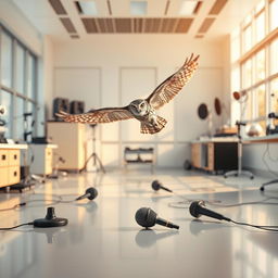 A hyper-realistic vertical image for a book cover depicting an owl soaring gracefully through a bright and well-organized laboratory