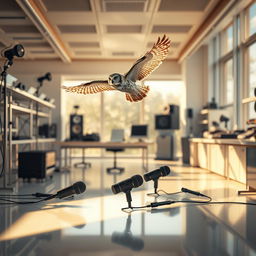 A hyper-realistic vertical image for a book cover depicting an owl soaring gracefully through a bright and well-organized laboratory