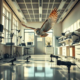 A hyper-realistic vertical image for a book cover depicting an owl soaring gracefully through a bright and well-organized laboratory