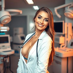 A stunningly beautiful Italian female doctor with an eye-catching presence, featuring large breasts and a slender figure, exuding a playful and flirtatious charm