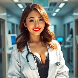 A stunningly beautiful Japanese female doctor with a striking appearance, featuring large breasts and a slender body