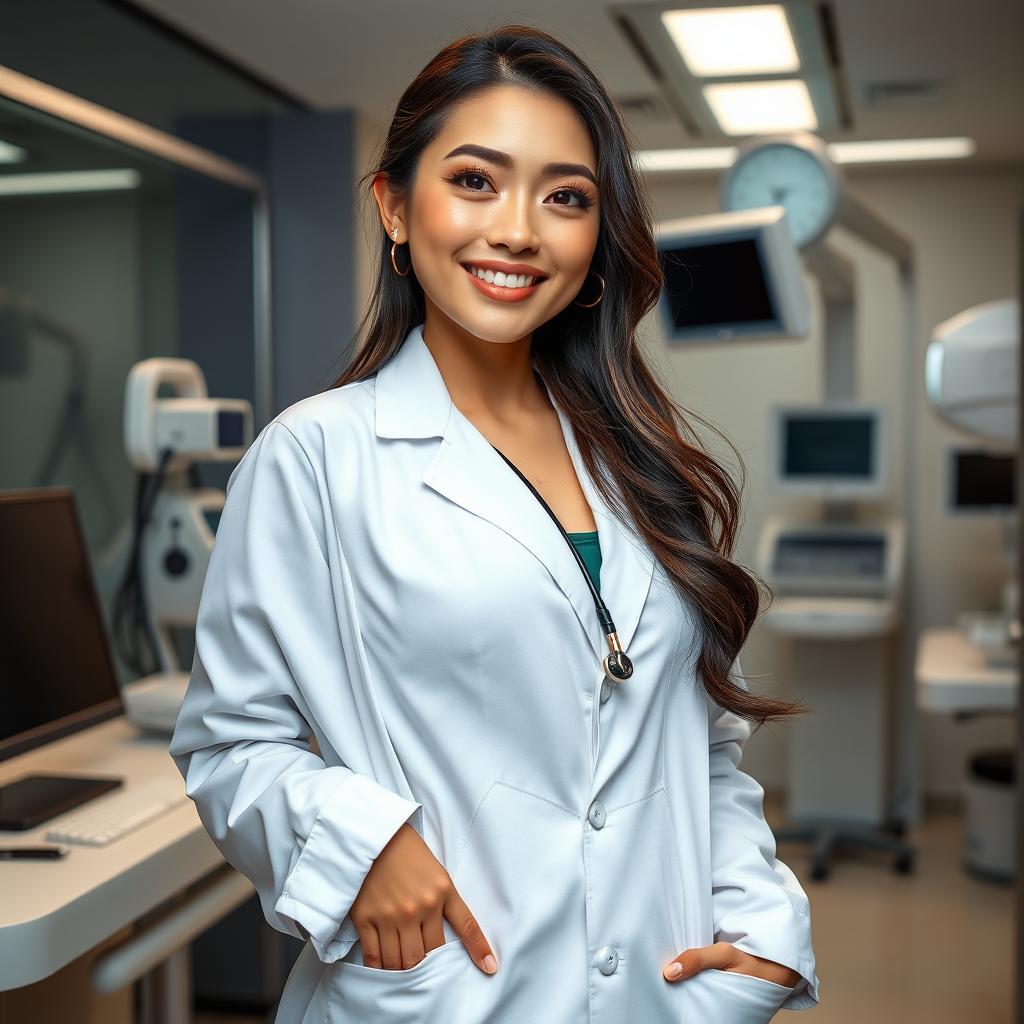 A stunningly beautiful Japanese female doctor with a striking appearance, featuring large breasts and a slender body