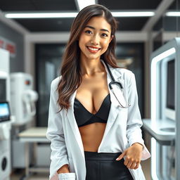 A stunningly beautiful Japanese female doctor with a striking appearance, featuring large breasts and a slender body