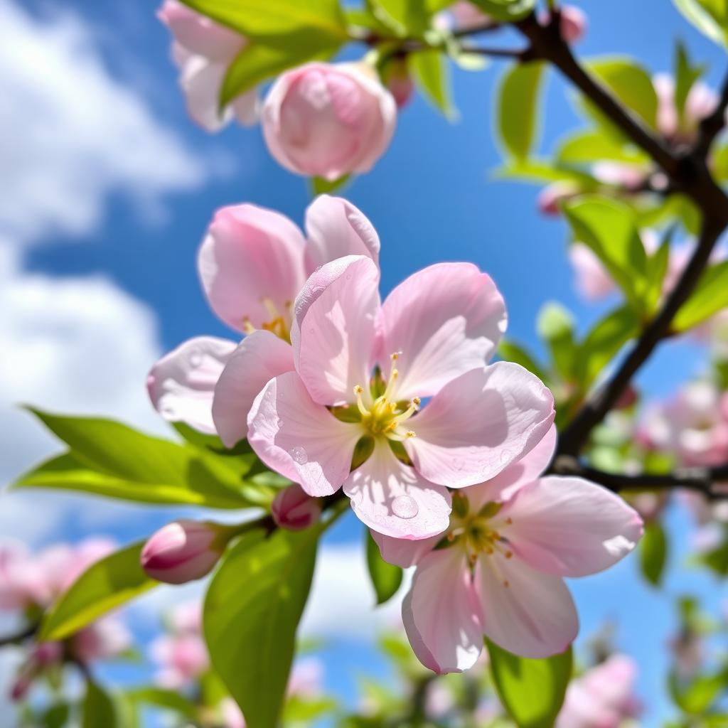 A serene close-up of delicate apple blossoms in full bloom, showcasing the soft pink and white petals with intricate details