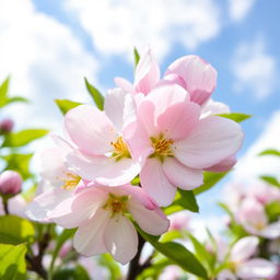 A serene close-up of delicate apple blossoms in full bloom, showcasing the soft pink and white petals with intricate details