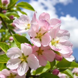 A serene close-up of delicate apple blossoms in full bloom, showcasing the soft pink and white petals with intricate details