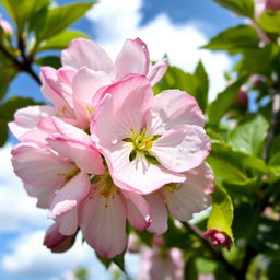 A serene close-up of delicate apple blossoms in full bloom, showcasing the soft pink and white petals with intricate details