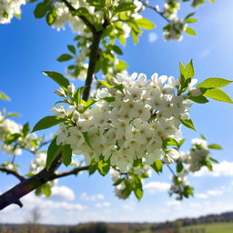 A beautiful serene scene of apple blossoms in full bloom, delicate white and pale pink flowers clustered on lush green branches under a clear blue sky