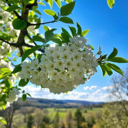 A beautiful serene scene of apple blossoms in full bloom, delicate white and pale pink flowers clustered on lush green branches under a clear blue sky