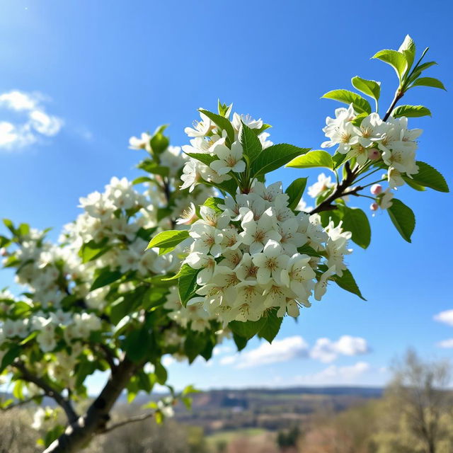 A beautiful serene scene of apple blossoms in full bloom, delicate white and pale pink flowers clustered on lush green branches under a clear blue sky