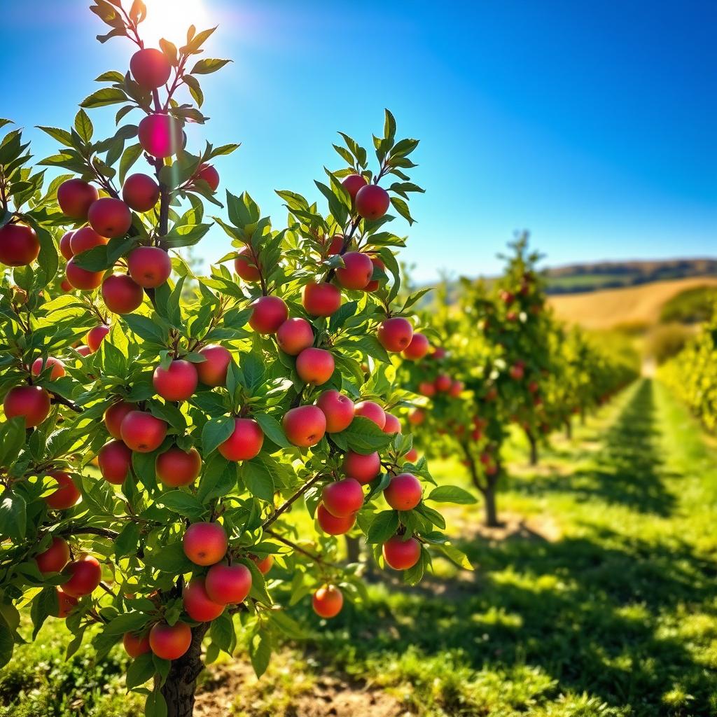 A serene scene featuring a flourishing apple tree in a sunlit orchard