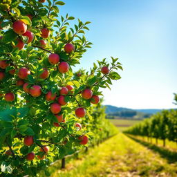 A serene scene featuring a flourishing apple tree in a sunlit orchard