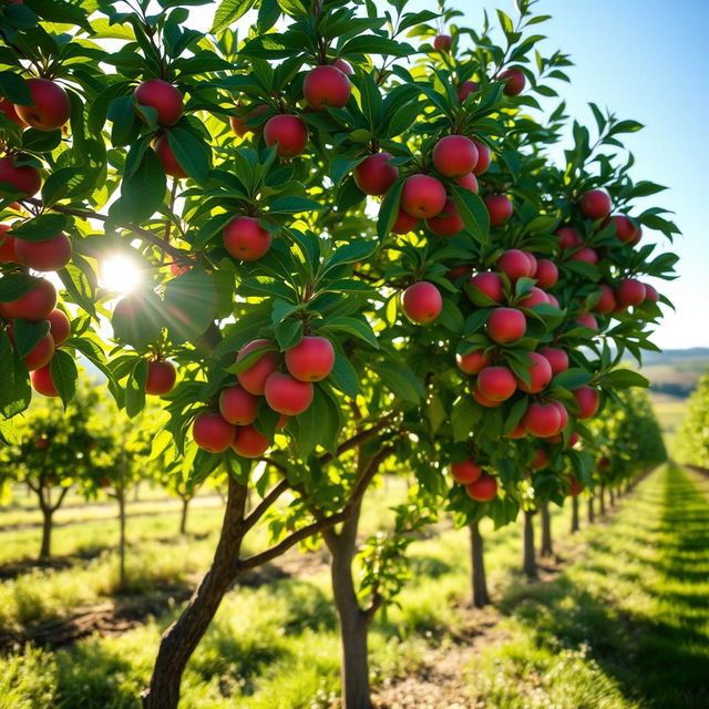 A serene scene featuring a flourishing apple tree in a sunlit orchard